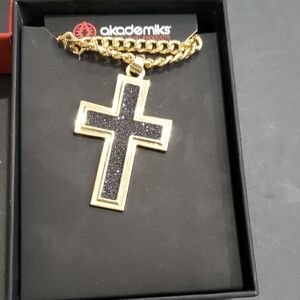 Akademiks crushed black gems gold tone Christian cross pendant Cuban link chain